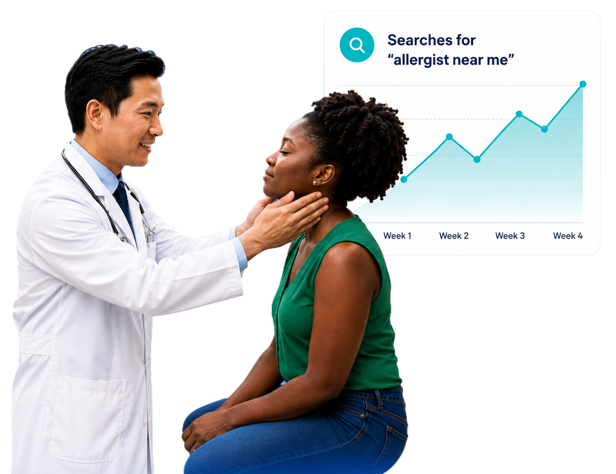 An allergist examining a patient beside a chart of rising searches for 'allergist near me'.